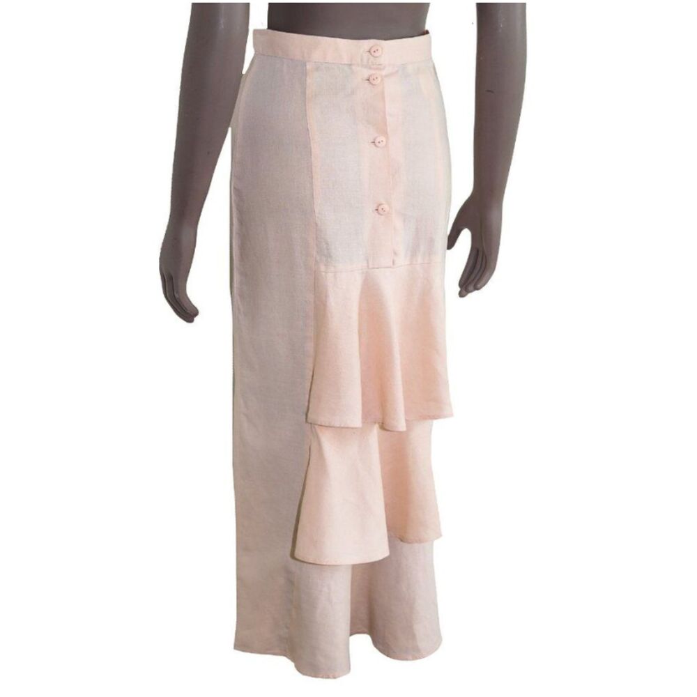 Jessica McClintock Linen Maxi Skirt Tiered Ruffle Button Front Blush Size 6 - Picture 1 of 5